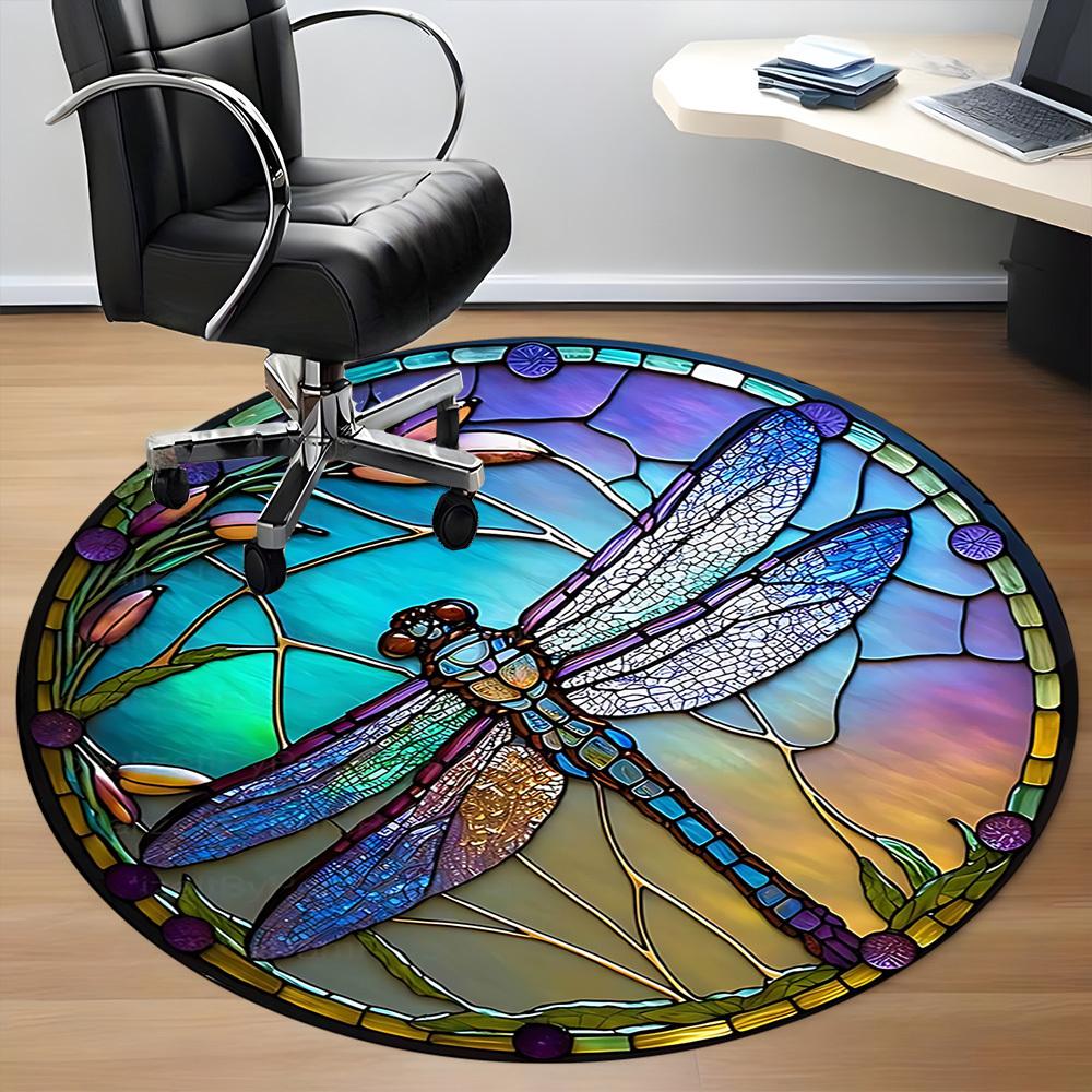 1PC Dragonfly StainedGlass Office Round Area Rug,  Mat Suitable ForOffice, Under Office Chairs Bedroom Living Room Home Decor, Room Deco