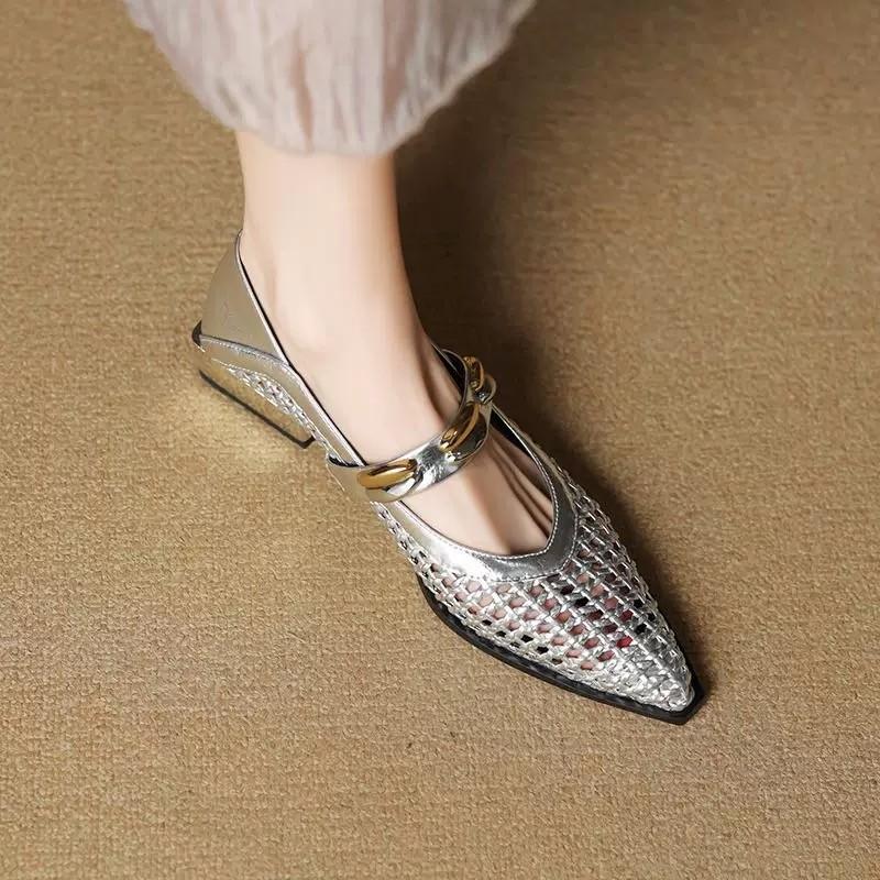 Мода 2025 Лето Французский Низкий Каблук Ажурные С Мелким Вырезом Кожаные Туфли-Лодочки с Квадратным Носком Женские