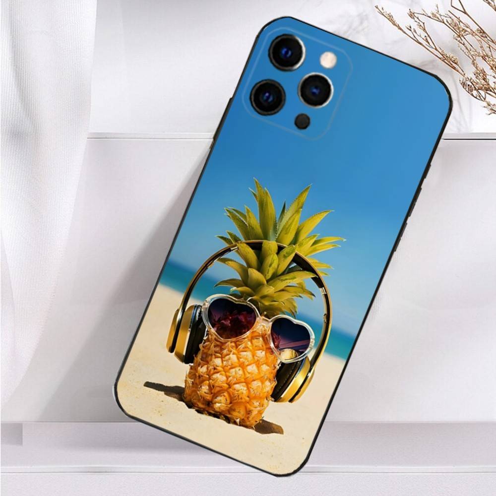 Cute Pineapple Fruit Art Case For iPhone 16,15,17,14,13,12,11 Plus,Pro Max,XS,X,XR,SE,Mini,8,7 Soft Silicone Black Cover