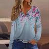 Женская мода, повседневная футболка с цветочным принтом, V-образным вырезом, длинными рукавами и пуговицами, топ с длинными рукавами