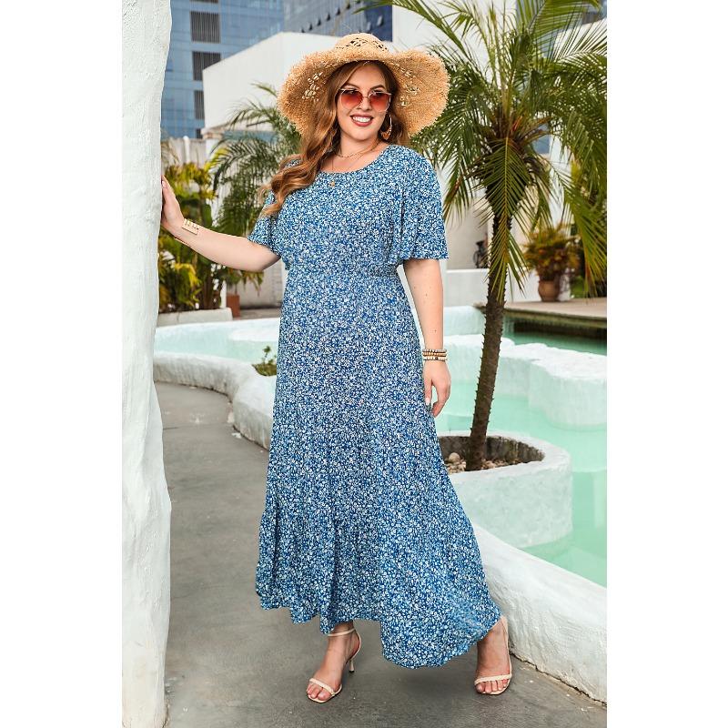 Новое повседневное платье для отпуска с цветочным принтом, круглым вырезом, коротким рукавом, миди-платьями