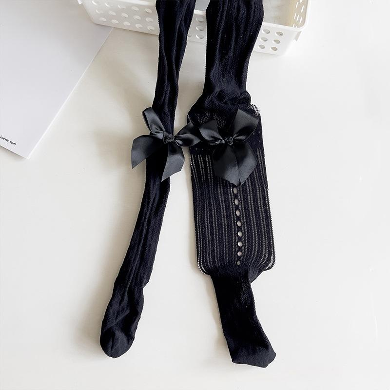 Детские колготки для девочек однотонные с кружевным бантом и ажурными вырезами для детей, милые тонкие дышащие леггинсы, летние, милые чулки