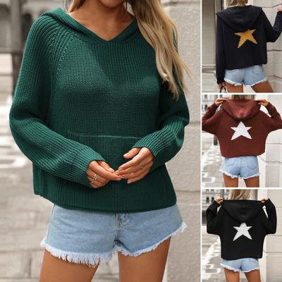 Женский вязаный свитер с капюшоном реглан с длинным рукавом и узором «звезда» с капюшоном и передним карманом