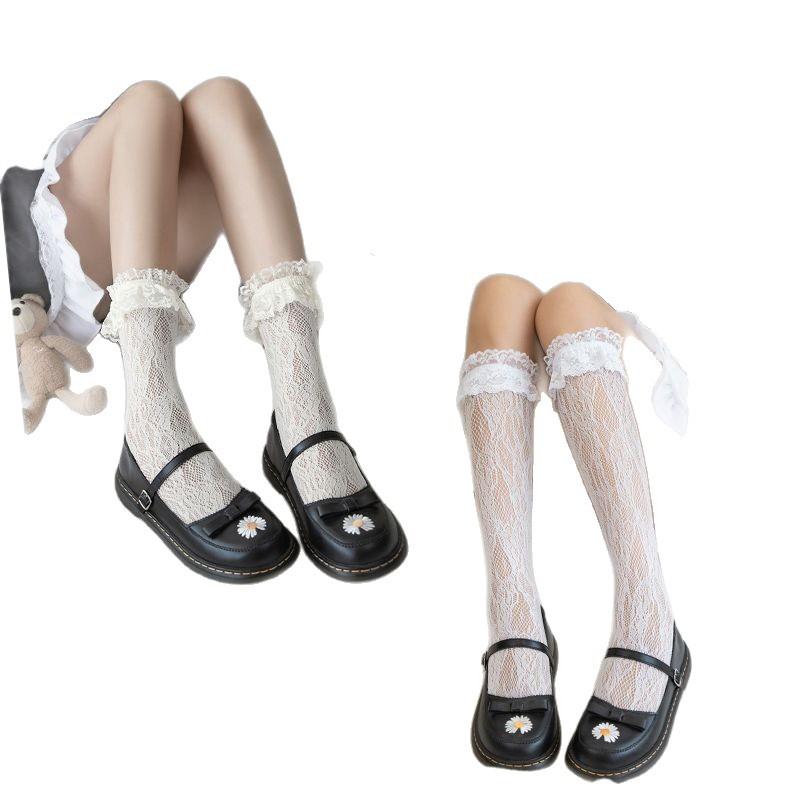 Лолита JK Кружевные сетчатые чулки для женщин с бантом, ажурные, мягкие, милые, гольфы до икр в стиле лолиты, балетные гольфы выше колена