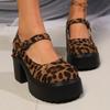 Модные леопардовые туфли-лодочки на массивном высоком каблуке для женщин 2025 Модные туфли Мэри Джейн на платформе с ремешком и пряжкой Женские готические туфли для вечеринок на толстом каблуке