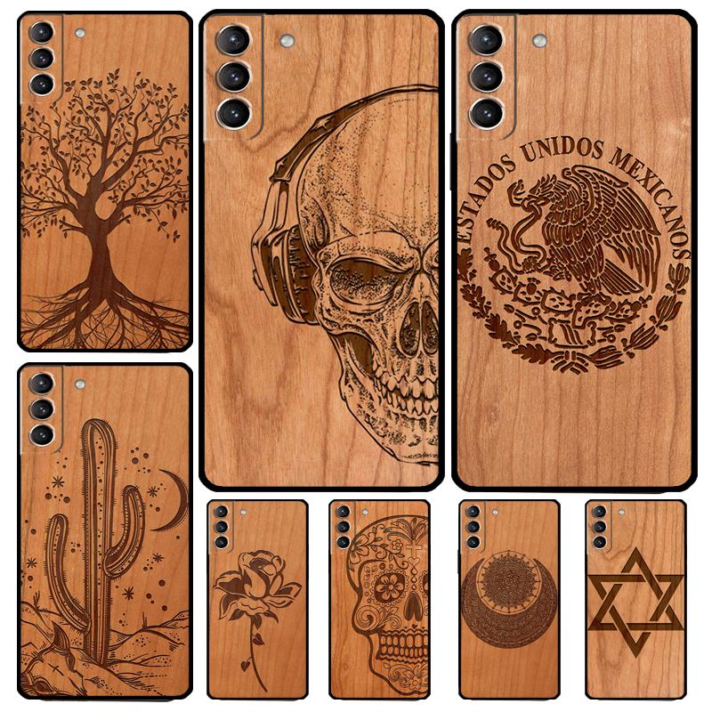 Tree Rose Skull Cactus Wood Case For Samsung Galaxy S23 Ultra S22 S21 S20 FE Note 20 Ultra S8 S9 S10 Note 10 Plus Cover