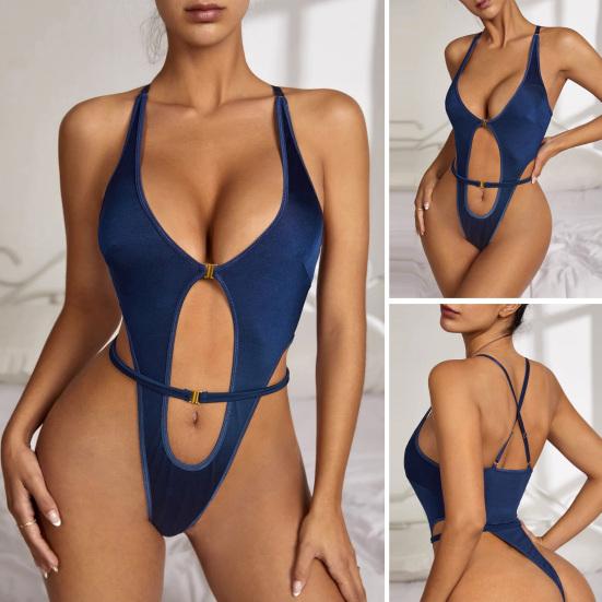 Women Sexy Bodysuit Low-cut Hollow Out Skinny Elastic Sleeveless Waist Strap Decor Adjustable Spaghetti Strap Cross Back Flirting Adult Sex Wear