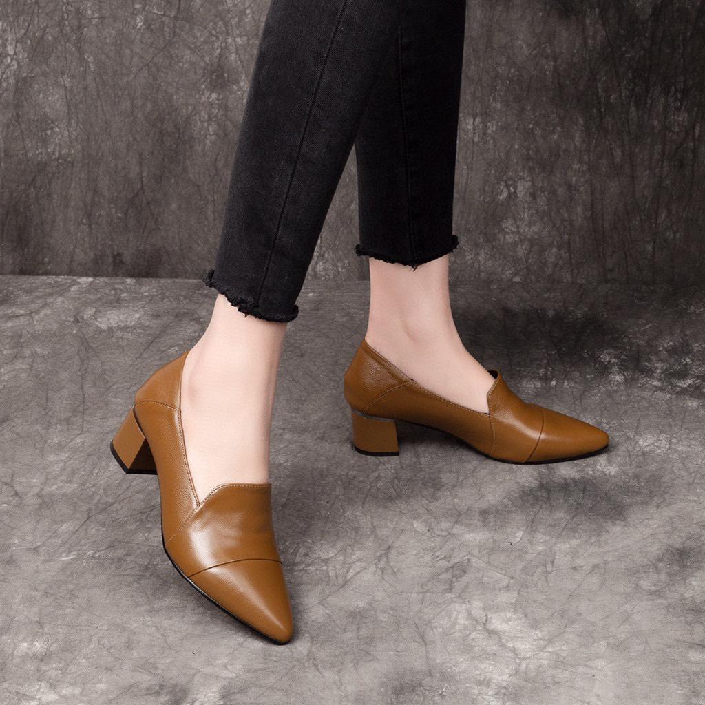 High Heels Women's 2025 Spring New Comfortable Cowhide Pointed Thick Heel Medium Heel Work Shoes One Shoe Two Wear Low-top Shoes