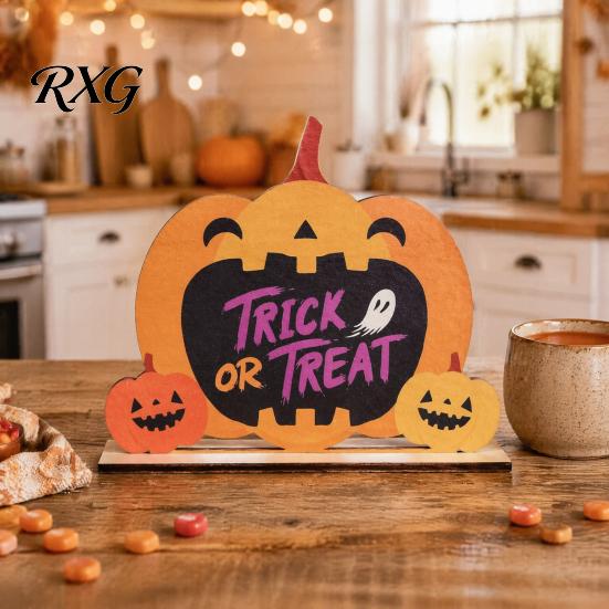 Halloween Table Sign Wooden Sign, Cute Pumpkin Boo Ghost Hand Painted Decor Tabletop Centerpiece for Indoor Mantel Fireplace Childlike Room Accent