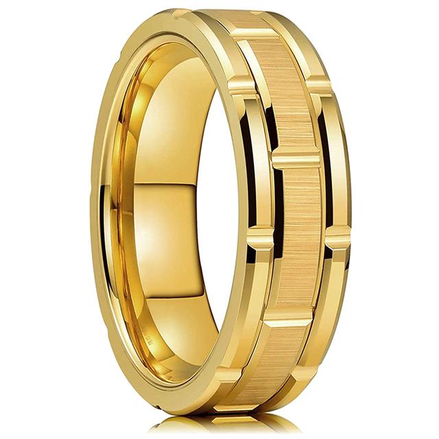 Fashion 8mm Men 'S Gold Color Groove Beveled Edge Stainless Steel Ring Meteorites Inlaid Red Carbon Fibre Ring Men Wedding Band