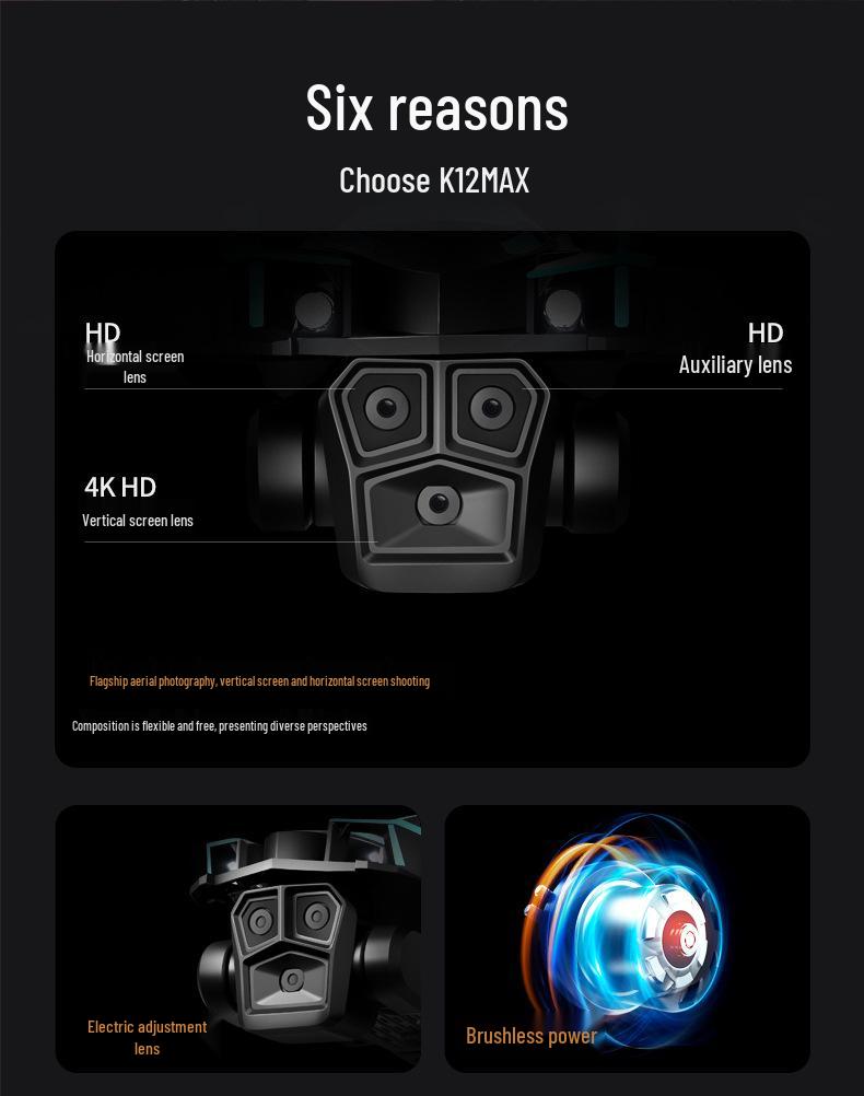K12Max Drone: HD Aerial Photography, Screen Display, Remote Control, Brushless Obstacle Avoidance Quadcopter