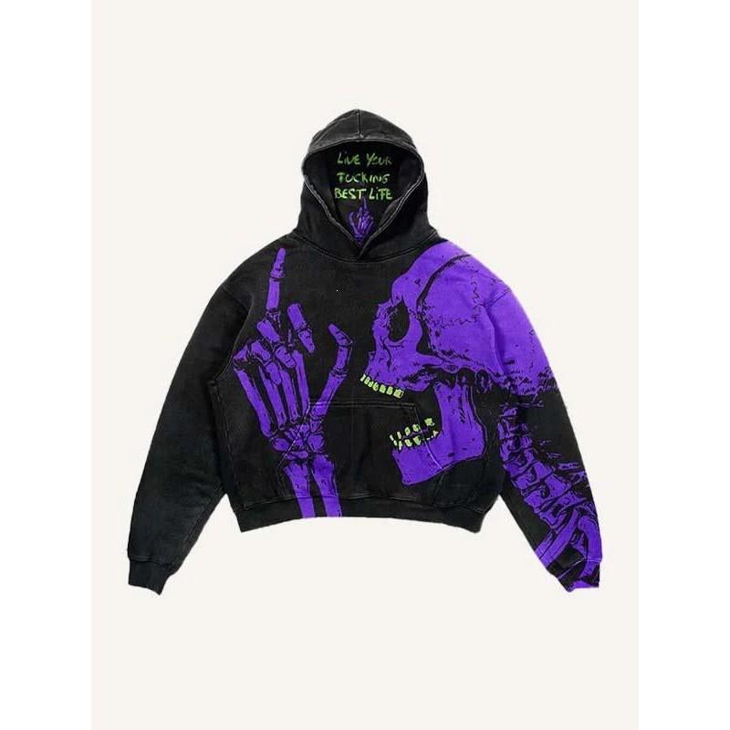 Y2K Gothic Punk Skull Print Hooded Sweatshirt Unisex Oversized Streetwear Casual Long Sleeve Pullover