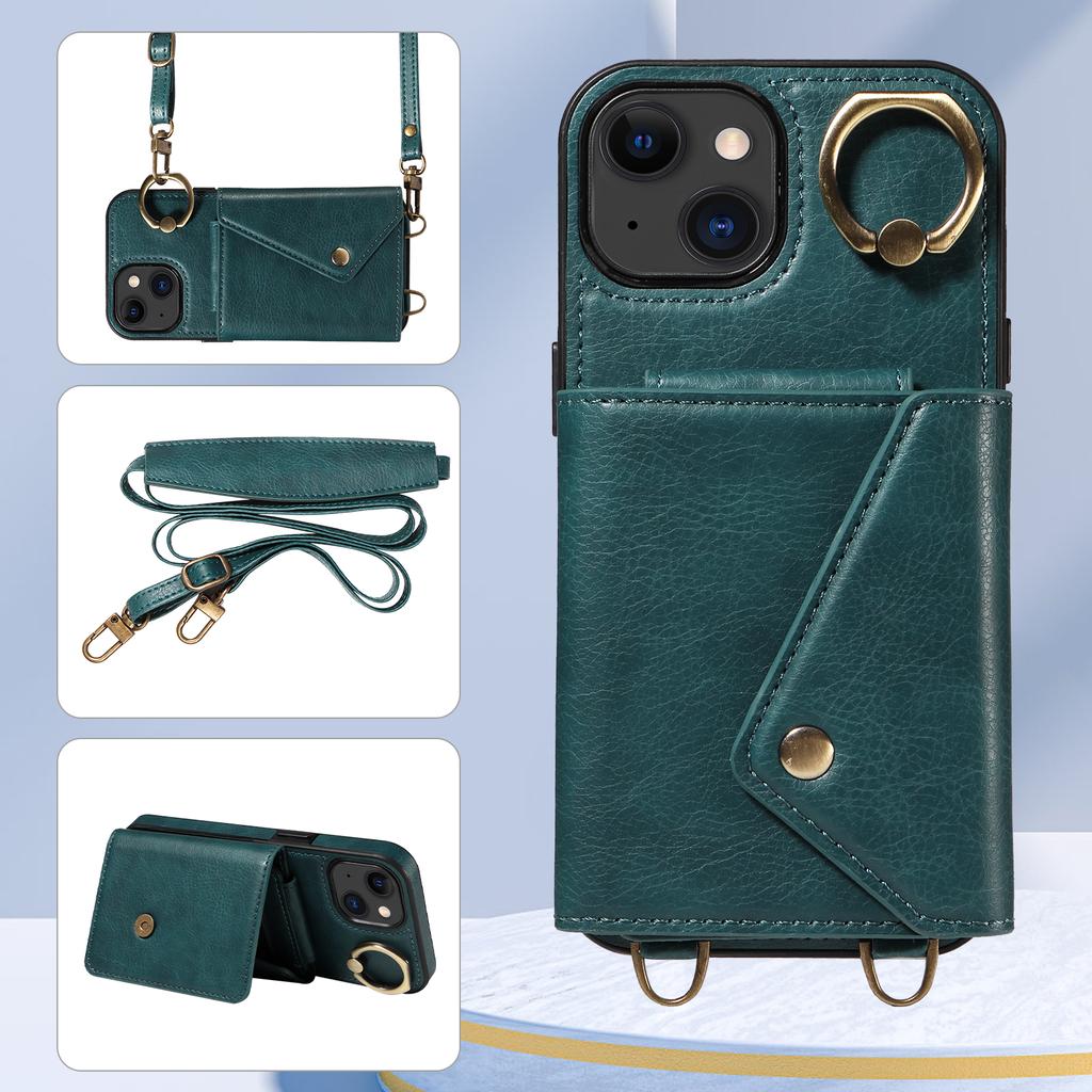 Для iPhone 15 серии. Для iPhone 15, 15 Plus, 15 Pro, 15 Pro Max плечевой ремень веревка кольцо кронштейн дизайн держатель для карт слоты личи узор чехол для телефона