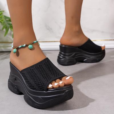 Мода 2025 Лето Женские Сандалии Однотонные Большой Размер Платформа Танкетка Высокий Каблук Открытый Носок Римский Стиль Сетка Элегантные Летние Сандалии Шлепанцы