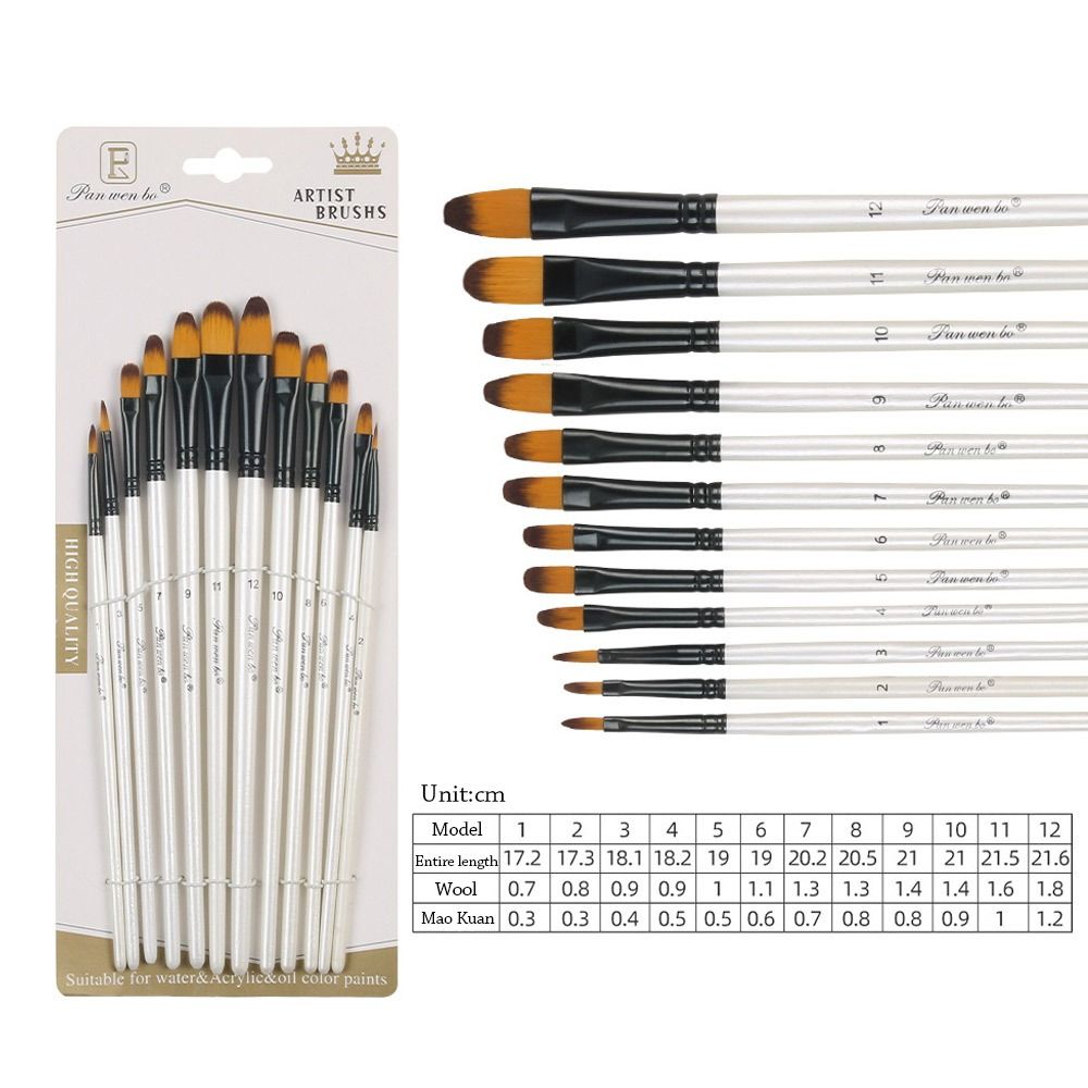 12Pcs Nylon Hand Drawn Watercolor Pointed Round Flat Head Flat Brushes Painting Brushes Gift