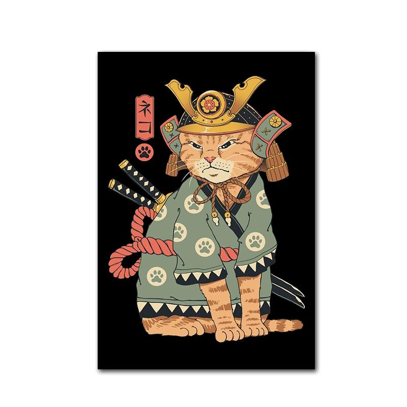 Забавный японский плакат с изображением самурая и кота, холст, живопись, классические суши и кошки, настенные художественные фотографии для гостиной, украшения дома