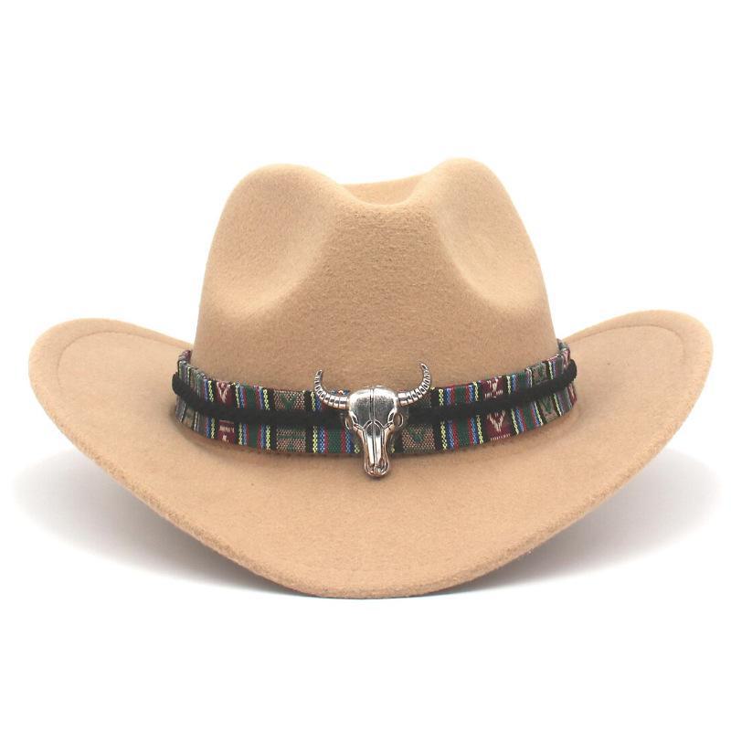 Western Cowboy-Style Wool Felt Hat with Bull Head Accent - Tibetan-Inspired Autumn/Winter Jazz Hat
