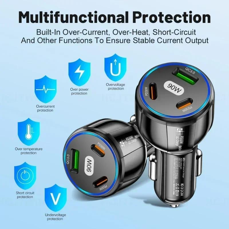 90 Вт 3-в-1 Автомобильное зарядное устройство QC3.0 PD Type C USB Быстрая зарядка для мобильного телефона для iPhone Xiaomi Samsung Адаптер автомобильного быстрого зарядного устройства Инструменты