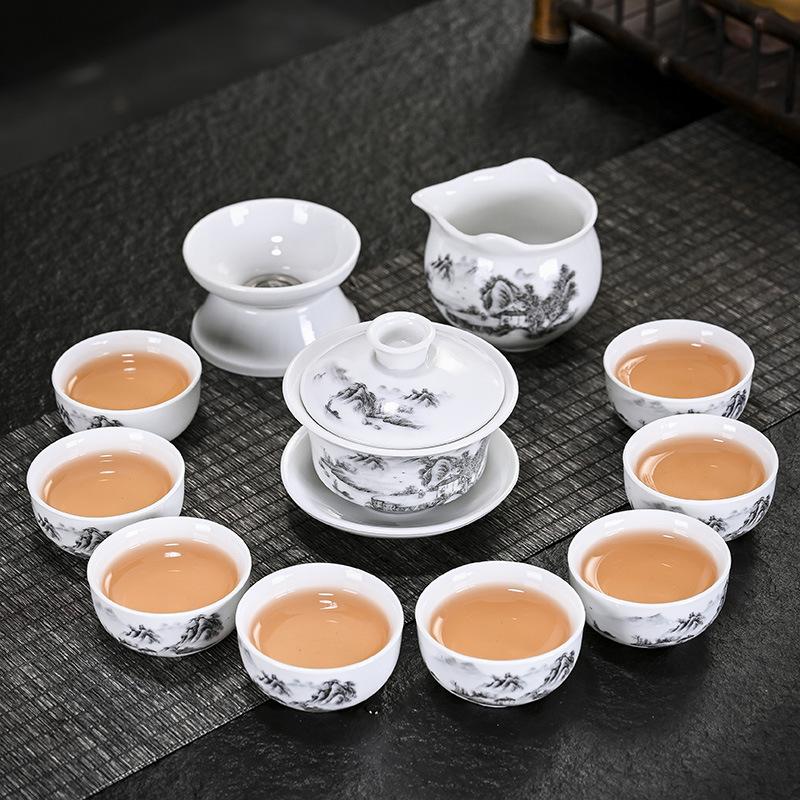 Dehua white porcelain tea set company annual meeting full set of kung fu ceramics business activities gifts blue and white porcelain
