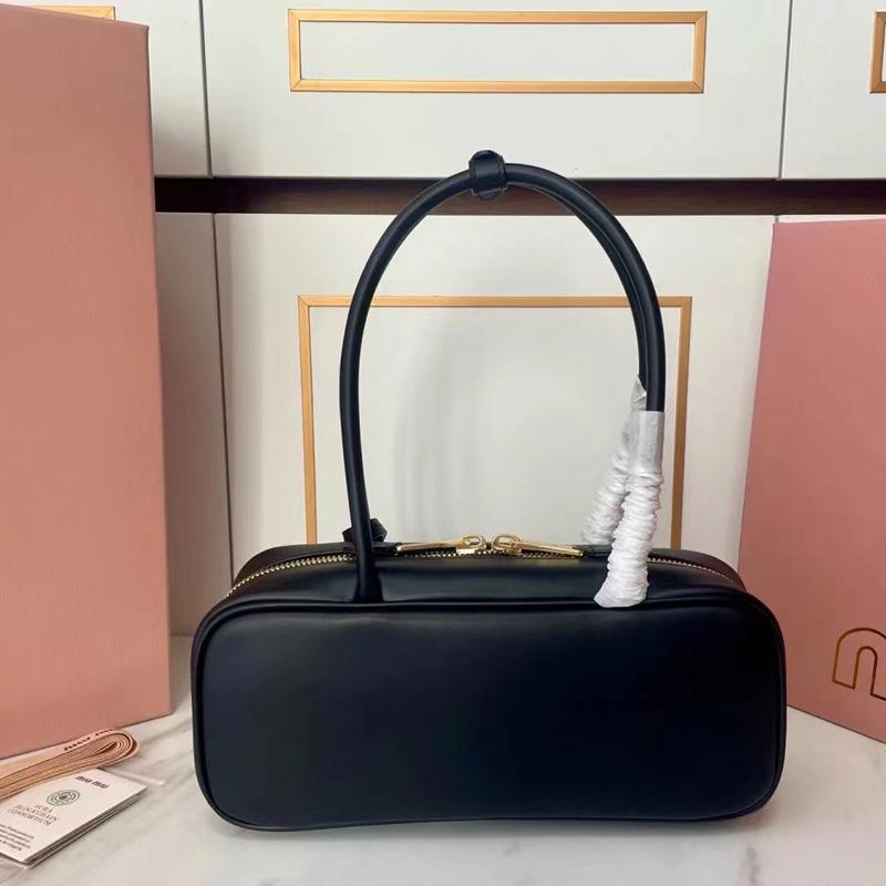 MIU Long Handle Bowling Boston Pillow Bag Fashion Versatile Shoulder Tote Handbag for Women Commute Soft Leather Large Capacity