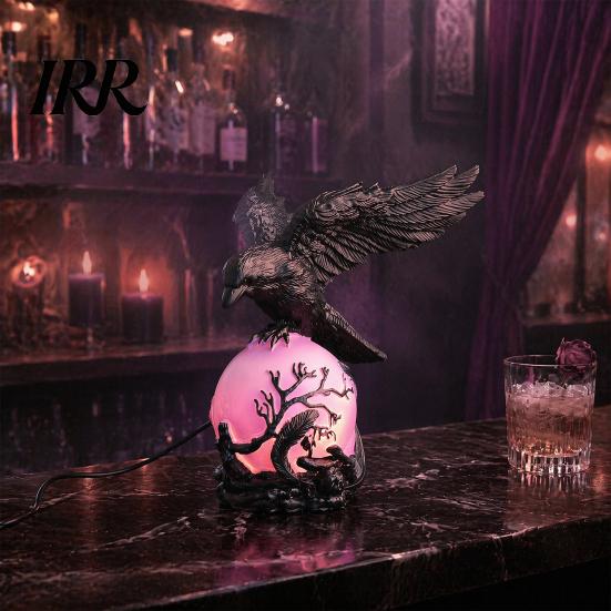 Unique Gothic Gift Crow Lamp, with Purple Light Ball, Resin Halloween Night Light, LED USB Powered Dark Style Statue for Bedroom Living Room