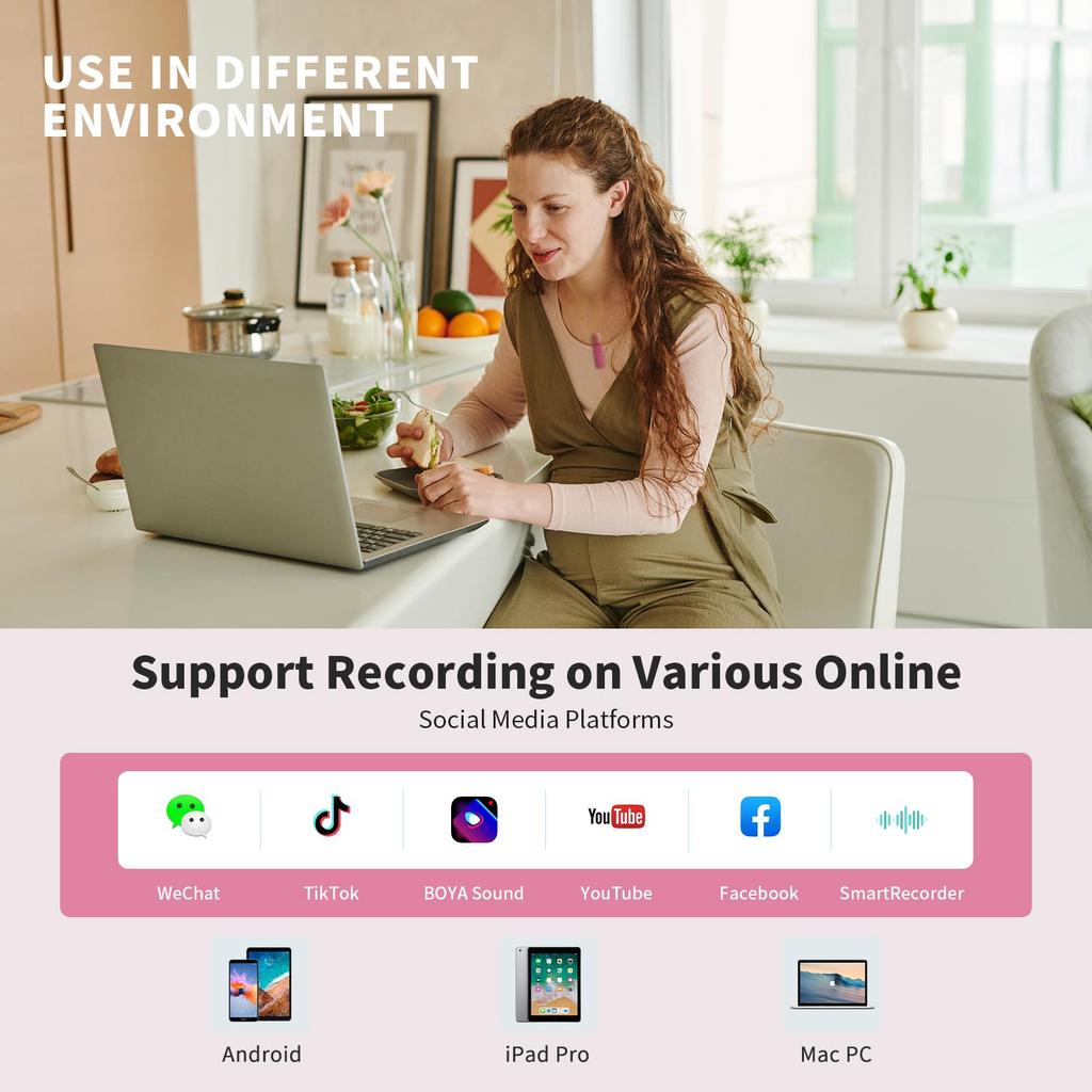 BOYA Wireless Lavalier Microphone, Omnidirectional, External Mini Lapel Microphone for iPhone, iPad, and Android Phones, Lightning USB-C (Pink, USB-C