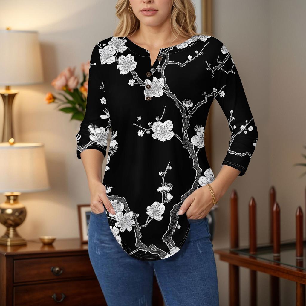3/4 Length Sleeve Womens Tops Summer T-Shirts Floral Print V Neck Casual Basic Tee Button Shirts Tunic Tops