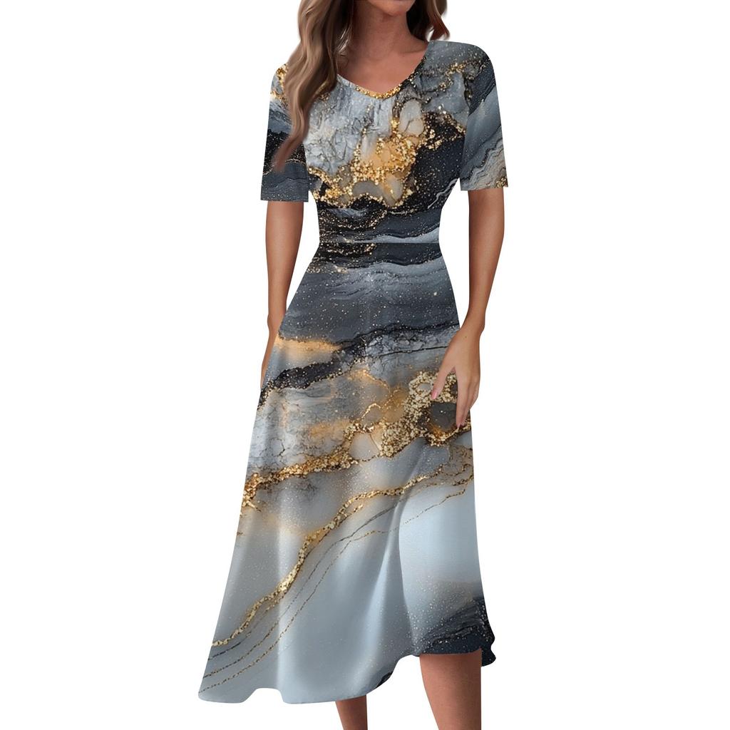 Ladies Casual Fashion Gradient Print V-Neck Short Sleeve Waist Long Swing Dress