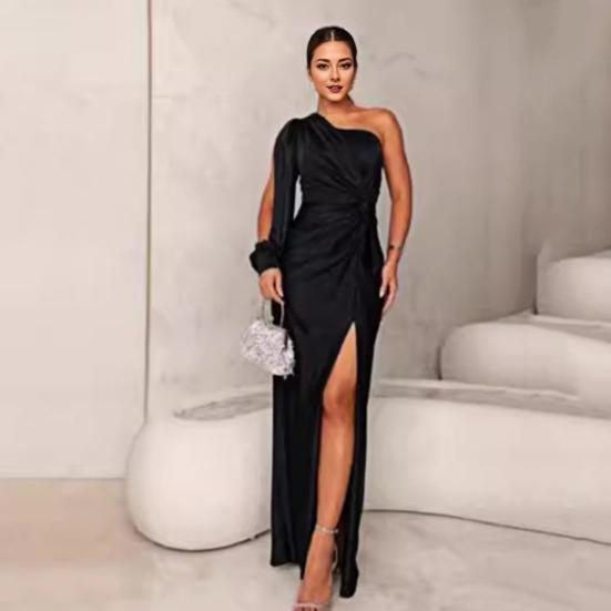 Женское вечернее платье на одно плечо без рукавов с разрезом по низу, однотонное, тонкая талия