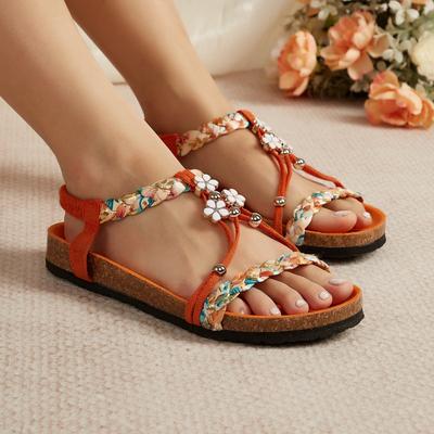 Женские сандалии в богемном стиле, плетеные сандалии на плоской подошве, летние пляжные туфли с принтом, женские римские сандалии на резинке