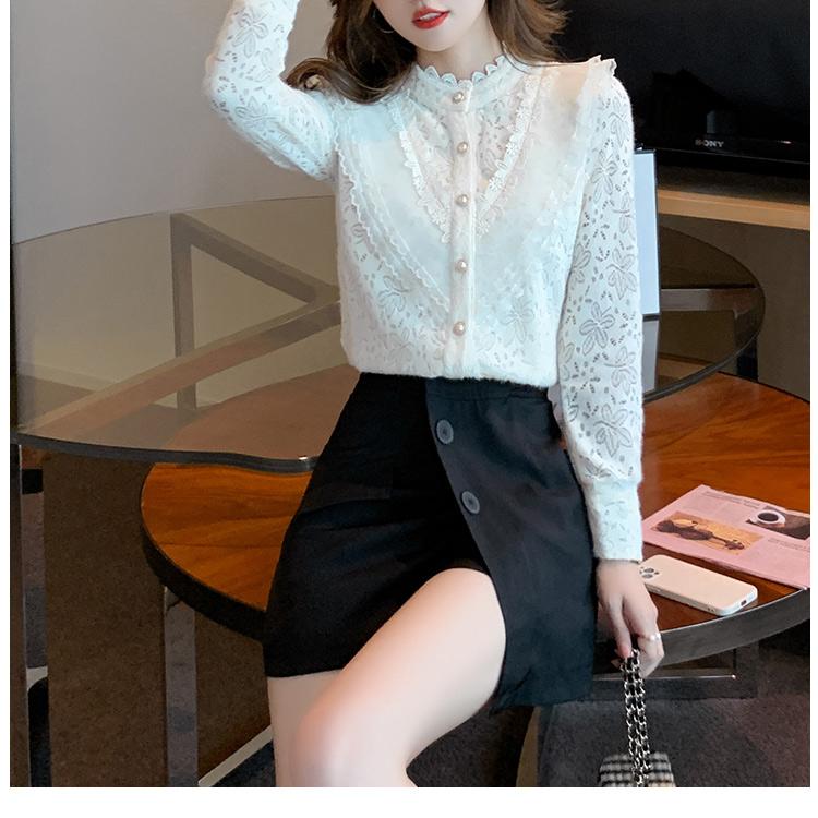 Elegant Long Sleeve Lace Bottoming Fleece Shirt with Half Turtle Neck for Women Thickened and Warm for Winter
