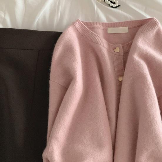 Women Knitting Cardigan Round Neck Long Sleeve Ribbed Trim Sweater Coat Single Breasted Loose Fit Solid Color Outwear Knitwear