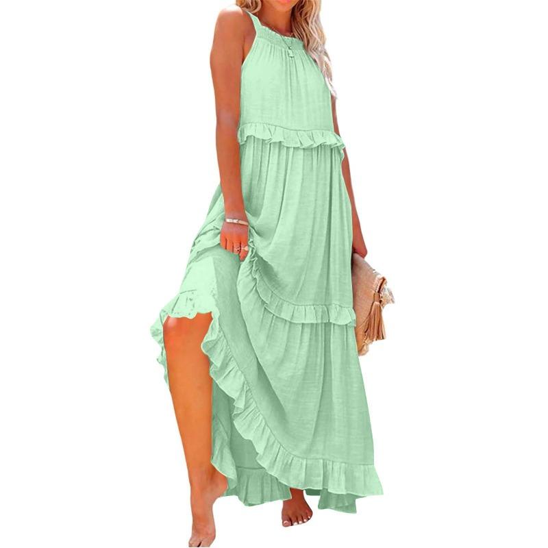 Fashion Elegant Sleeveless Ruffled Maxi Long Dress New O Neck Loose Casual Simple Summer A-line Beach Dresses Female Pleated Solid Color Clothing