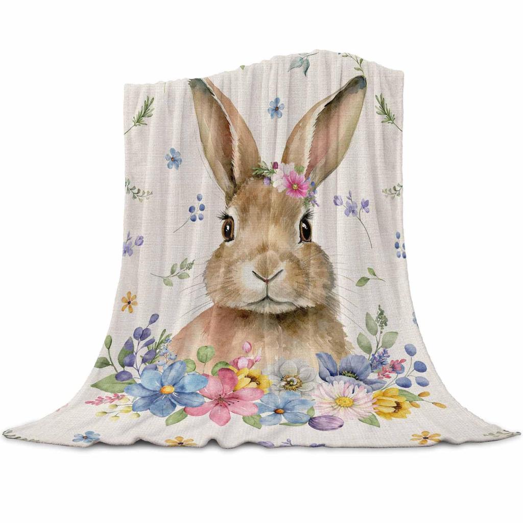 Easter Bunny Plush Blanket Watercolor Floral Blanket Soft Warm Flower Blanket Suitable for Home Chair Sofa Bed