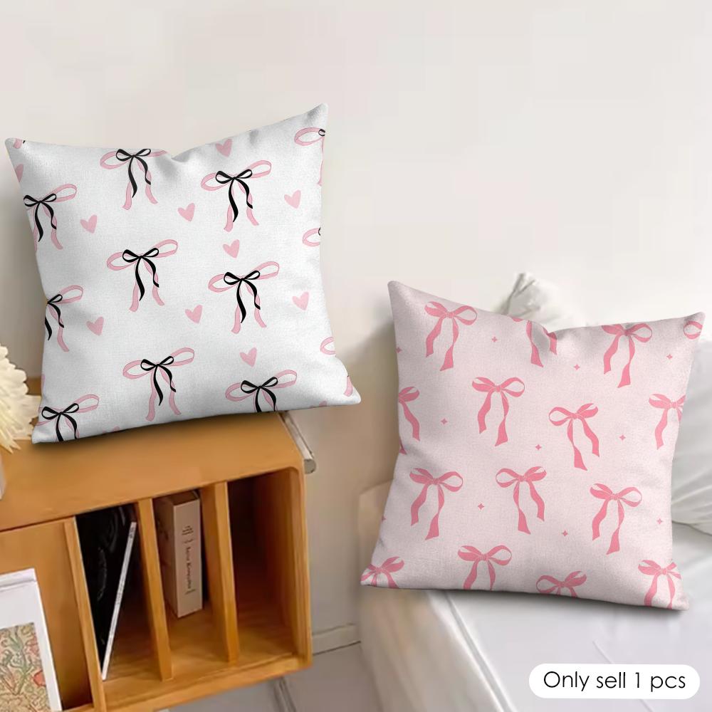 Pretty Pink Bow Pillow Case Double-Sided Plush Sofa Cushion Covers Organic Breathable Invisible Zipper