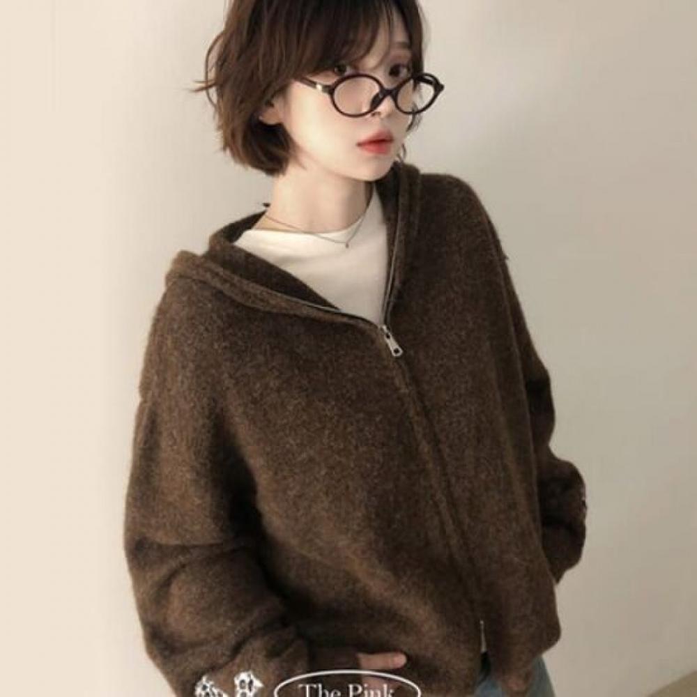 The Pink Romi Loose Fit Leopard Patch Hairy Hoodie Knit Zip Up