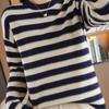 Осень и зима новый полосатый свитер женский вязаный с длинным рукавом и круглым вырезом контрастная полоска пуловер свободный и тонкий базовый топ