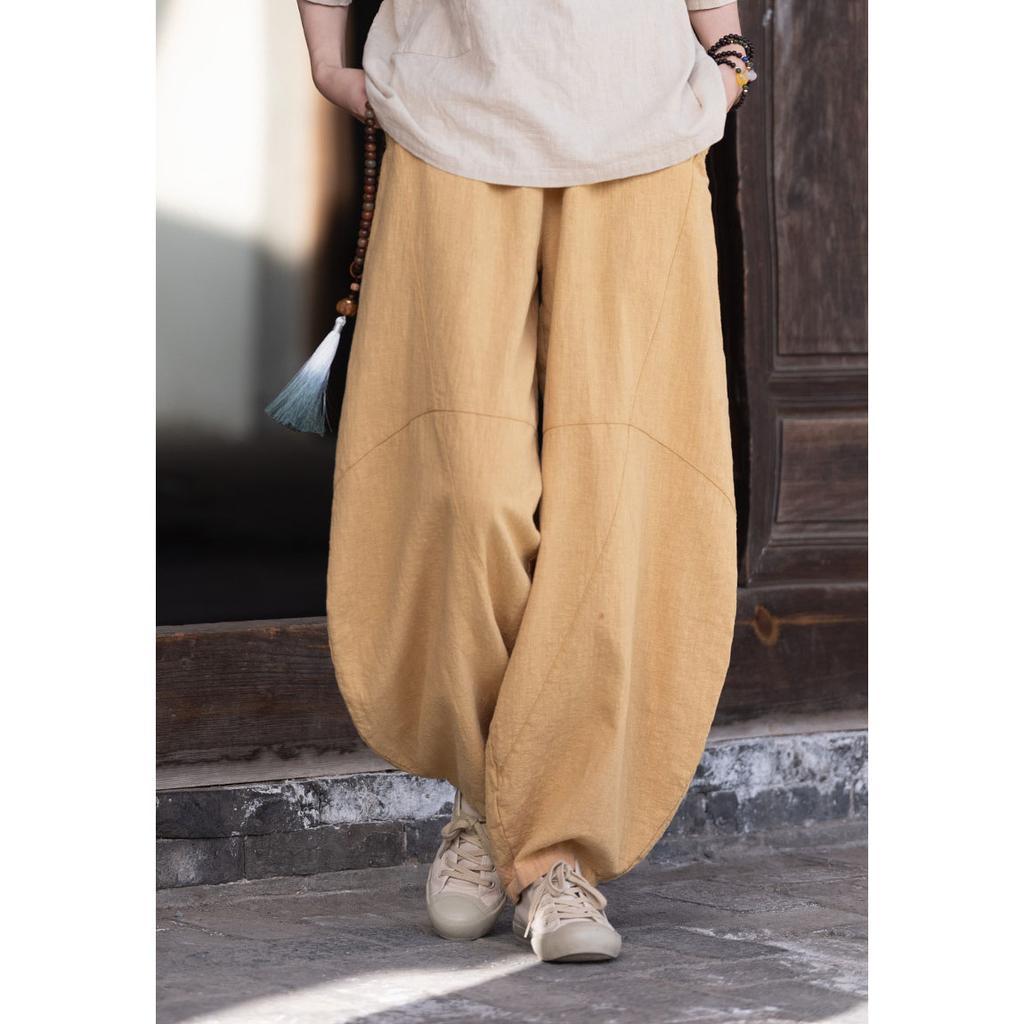 Women Vintage Ramie Cotton Linen Pants Elastic Waist Wide Leg Trousers Spring Summer Tie-dye Harem Pants Loose Bloomers