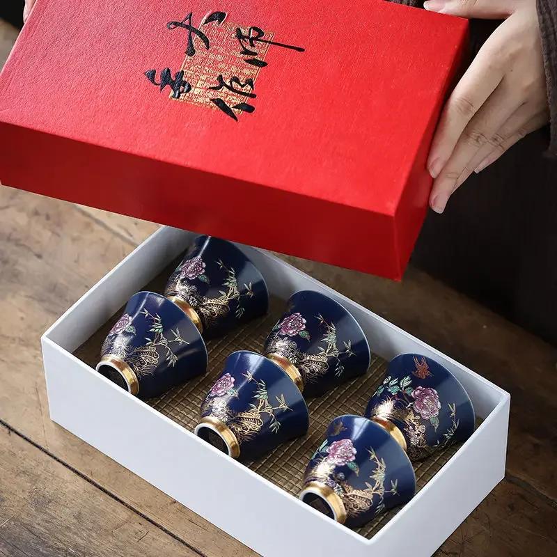 Ceramic Tea Cup Outline In Gold Teacup Chinese Kung Fu Master Cup Creative Personality Gift Box for Friends Tea Cup Set of 6