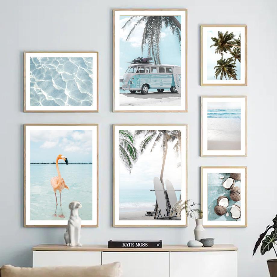Пляжная доска для серфинга, фургон, пальмовый лист, волна, кокос, настенная живопись, холст, картина, фламинго, плакат на скандинавскую тему, настенные панно, Декор в гостиную