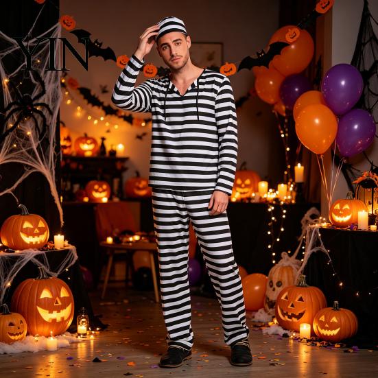 Jail Costume Prisoner for Adult, Women Striped Mini Dress, Men Top Themed Party Costumes Pants, Halloween Dress-Up Inmate Uniform with Hat &