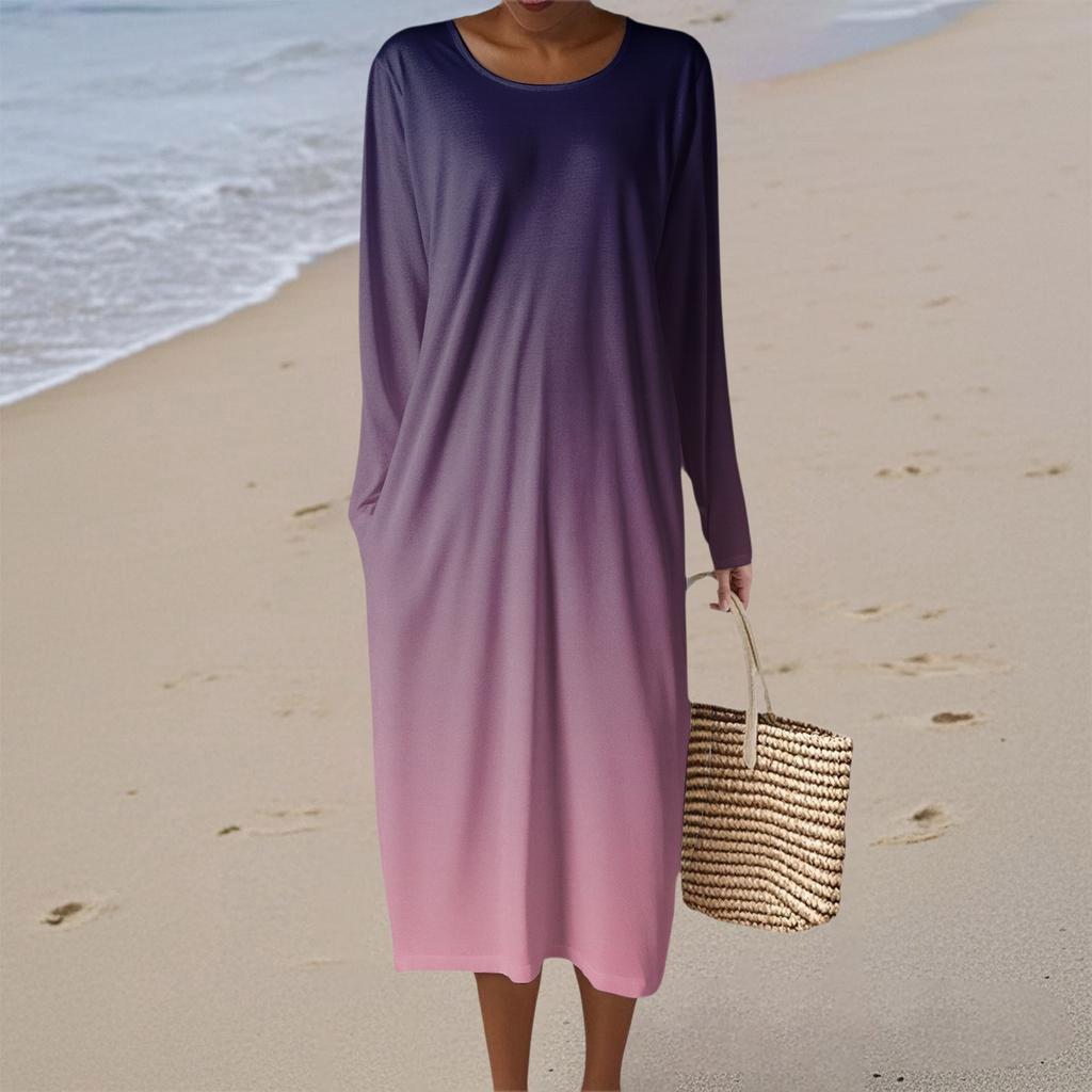 Женское модное повседневное платье с длинным рукавом, градиентное, с круглым вырезом, карманом, элегантного темперамента