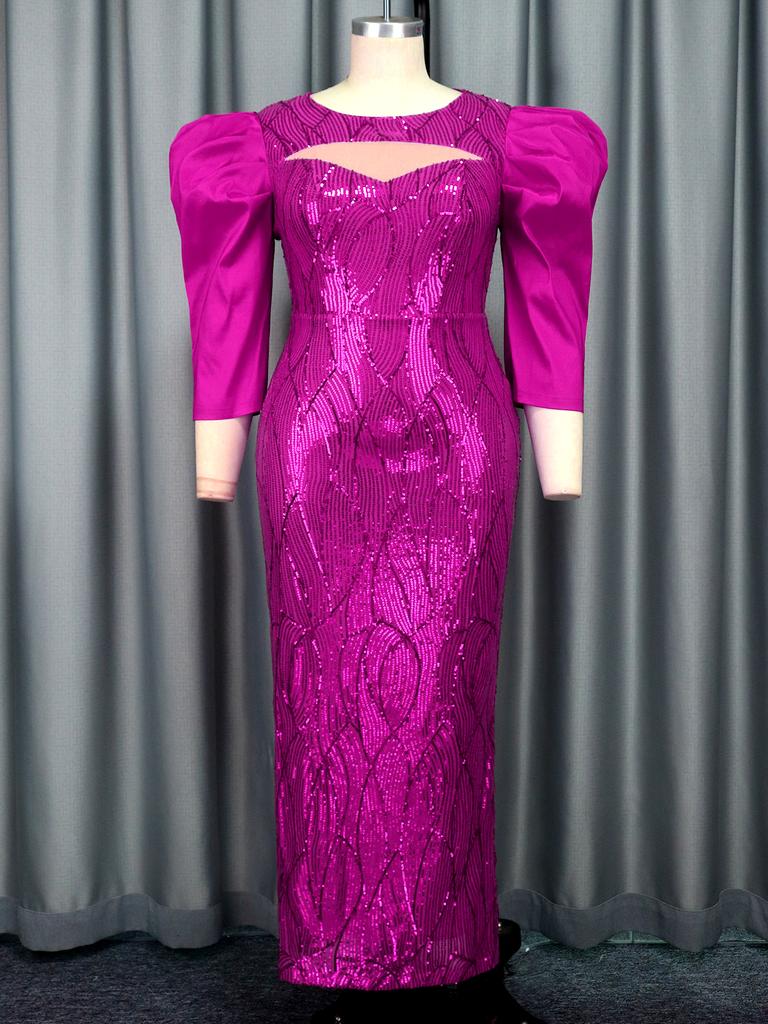 AOMEI Роскошные платья цвета фуксии с блестками для женщин с круглым вырезом и сеткой в стиле пэчворк с пышными рукавами и облегающими стильными длинными вечерними вечерними платьями для выпускного вечера