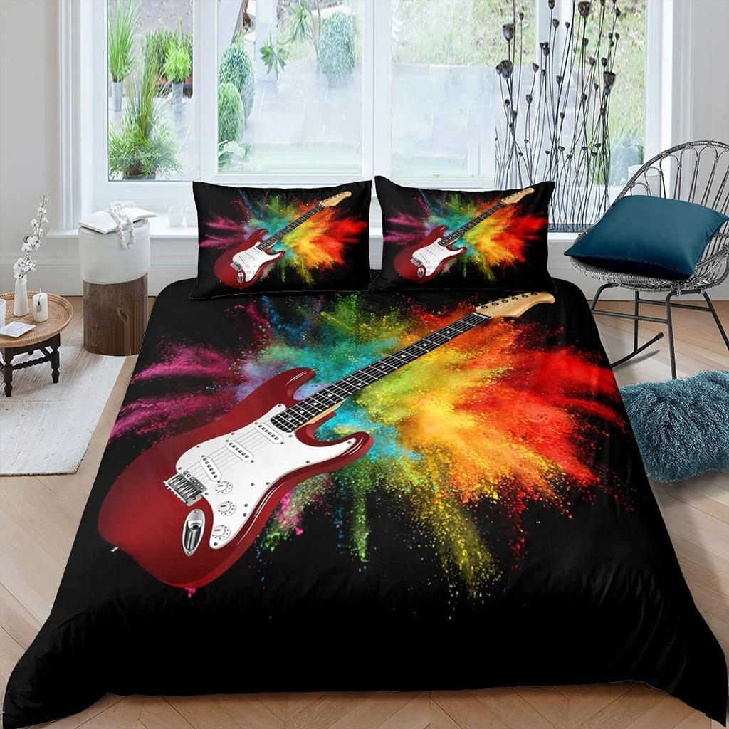 Guitar Duvet Cover Set Music Theme Bedding For Teens Microfiber Vintage Grey Guitar On Wooden Floor Quilt Cover Queen King Size