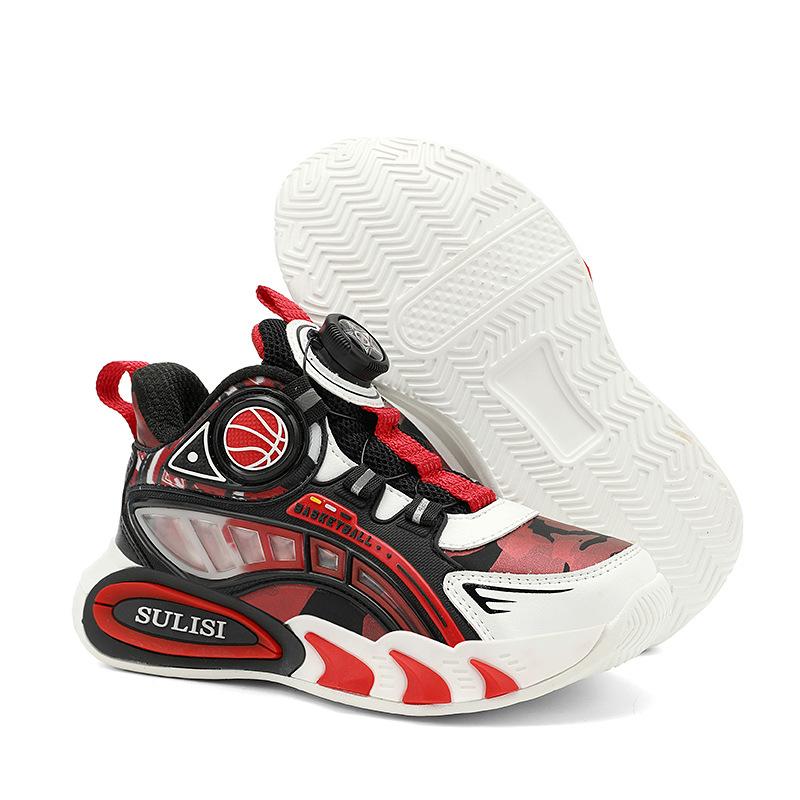 208 Students Children's Fashion Rotating Buckle Sports Shoes Running Shoes Boys Autumn and Winter Leather Surface Primary School Students Casual Sh