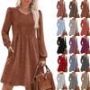 Women's Long Sleeve Pleated Round Neck Solid Color Casual Dress With Pockets