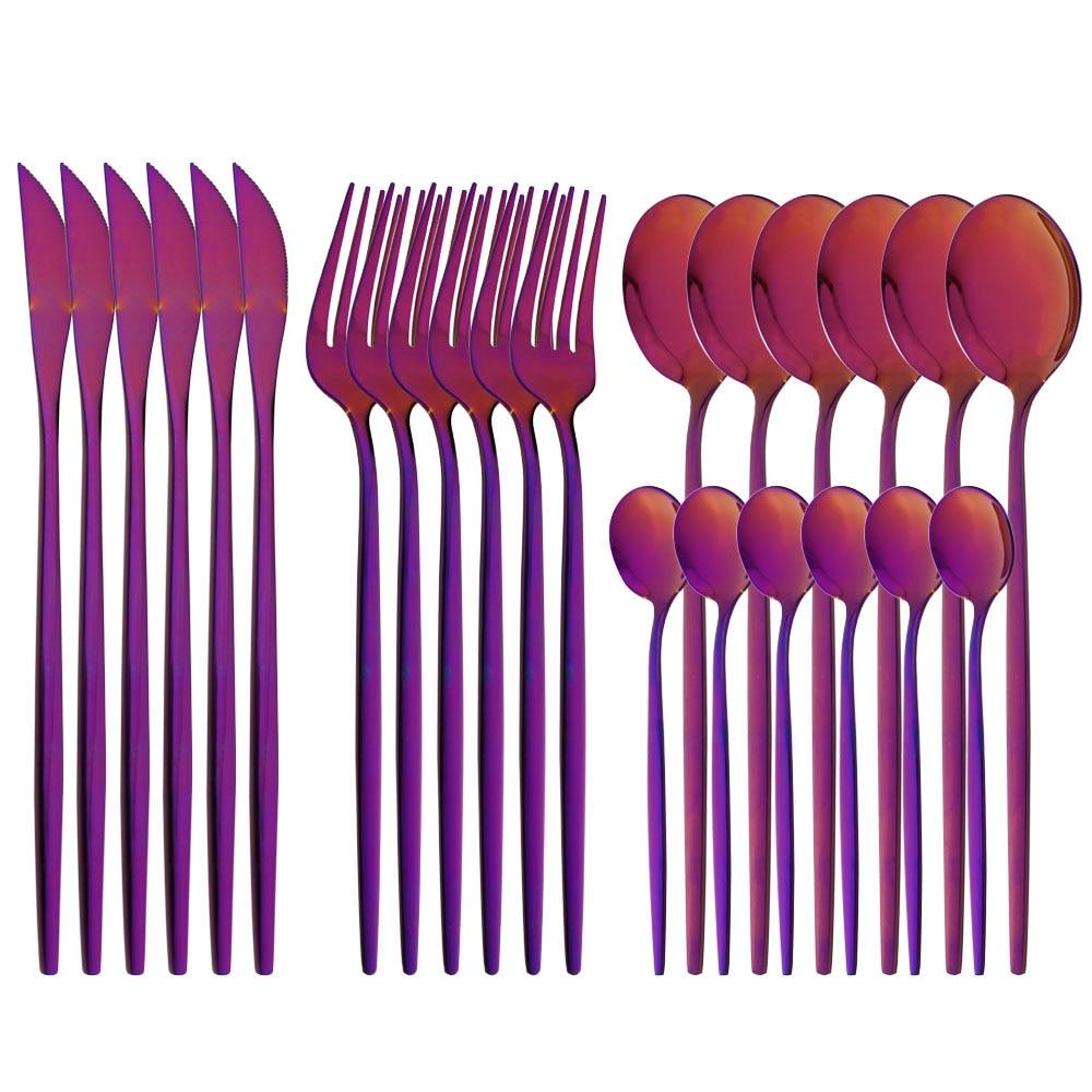 Purple Stainless Steel Cutlery Set 24pc For 6 Flatware Knife Fork Coffee Spoons Tableware Suit Household Kitchen Dinnerware Set