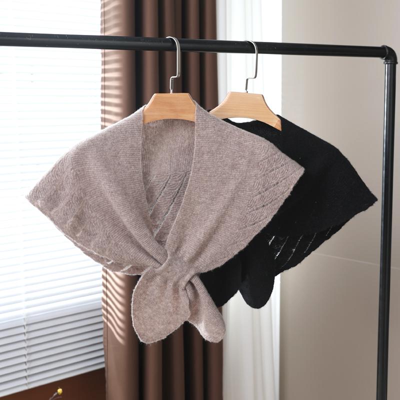 100%Wool Knitted Triangle Shawls Women Hollow Out Fashion Poncho Blouse Shoulder Fake Collar Cape Soft Warm Neck Scarves Girl