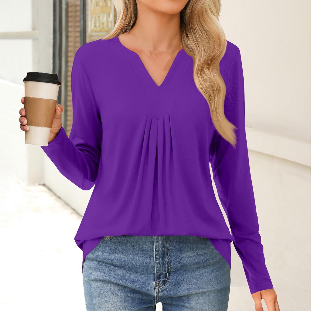 Женская мода повседневная рубашка с длинным рукавом, однотонные топы с V-образным вырезом
