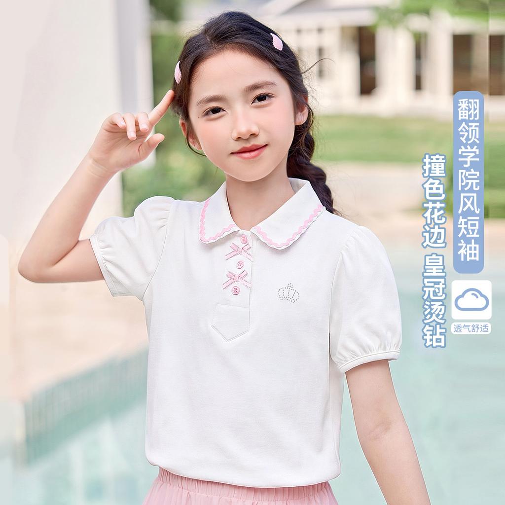 Girls' summer lapel college style polo shirt top, breathable mid size children's bubble sleeves, children's short sleeved t-shirt